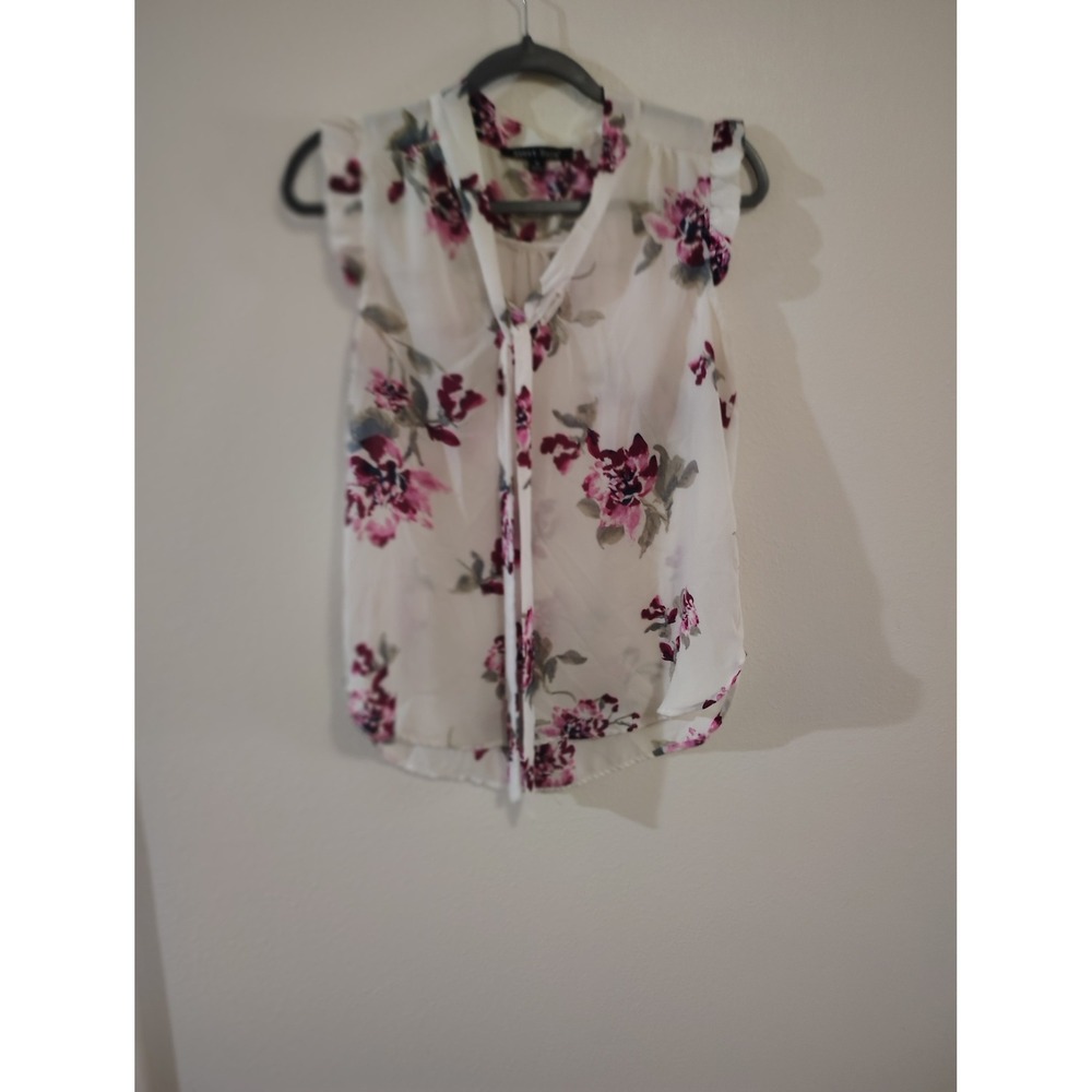 Sweet Rain Floral Tie Neck Ruffle Sleeve Blouse White Purple Medium